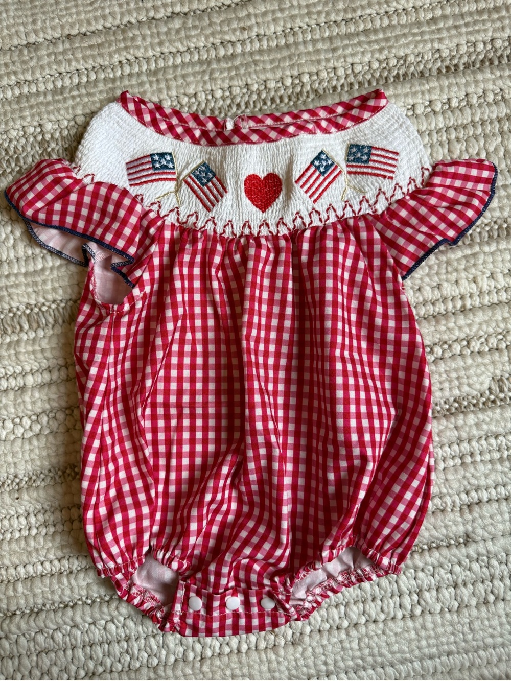 Red Gingham Smocked Baby Romper with Flag and Heart Detail